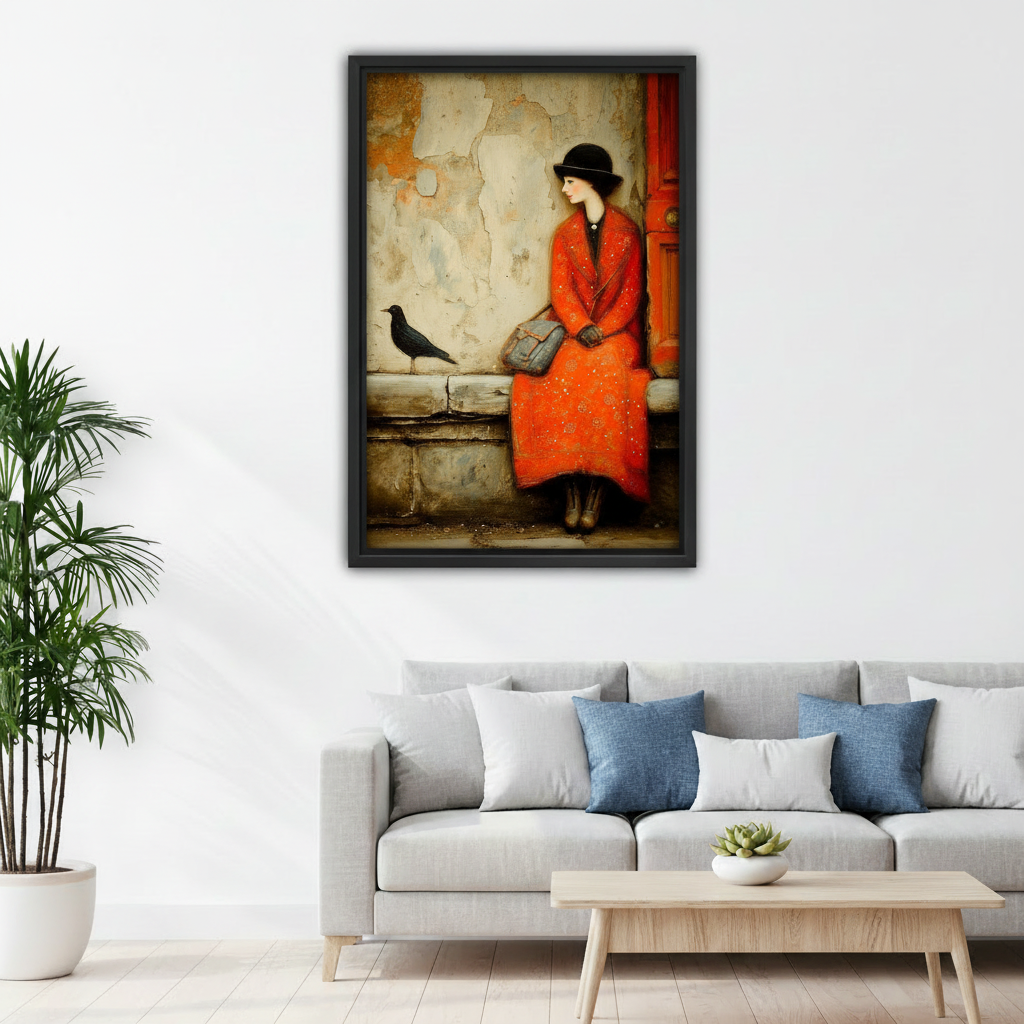 Vintage oil painting woman in red coat framed canvas art displayed in modern Scandinavian living room