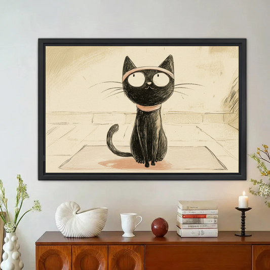 Cute Black Cat Sketch Vintage Framed Canvas Wall Art|Liberty Signs#L1860