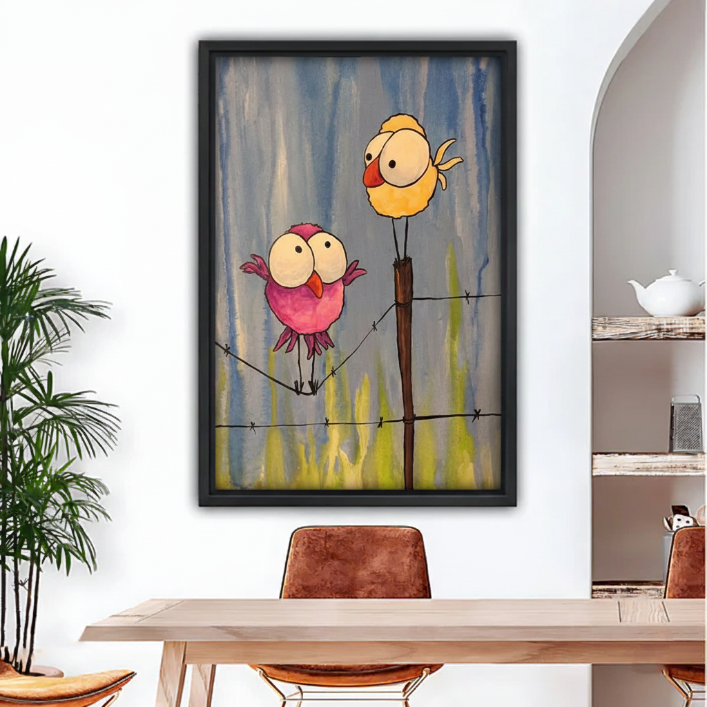 Funny pink and yellow birds watercolor framed canvas wall art above dining table, blue-gray brushstroke background