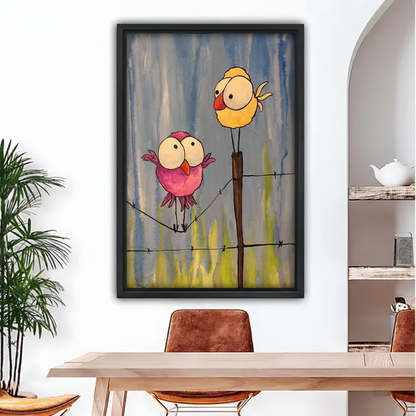 Funny pink and yellow birds watercolor framed canvas wall art above dining table, blue-gray brushstroke background