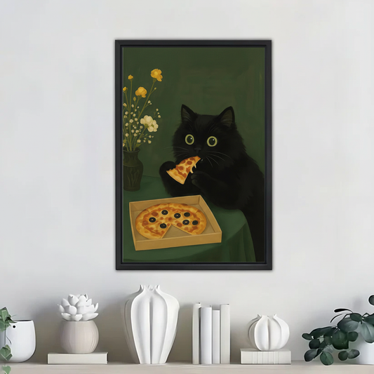 Black Cat Eating Pizza Wall Art - Funny Kitchen Decor Canvas Print| Liberty Signs #L267