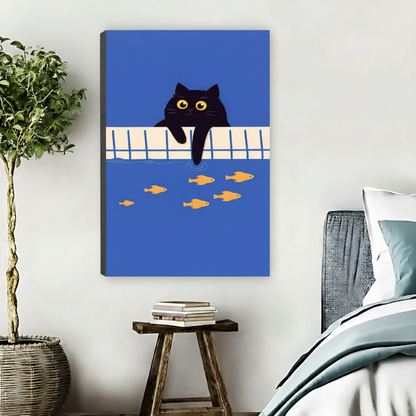 Black Cat Pool Fish Funny Animal Wall Art Print l1974