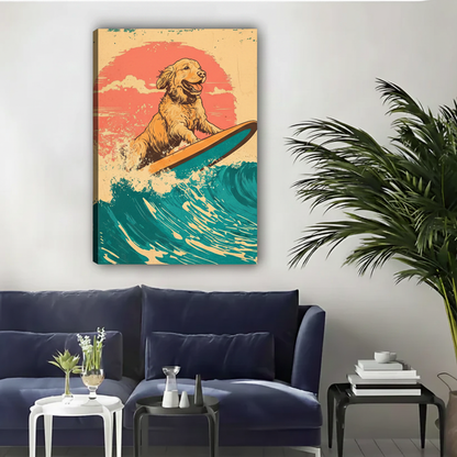 Surfing Golden Retriever Retro Canvas Wall Art Framed Print|Liberty Signs#L1791