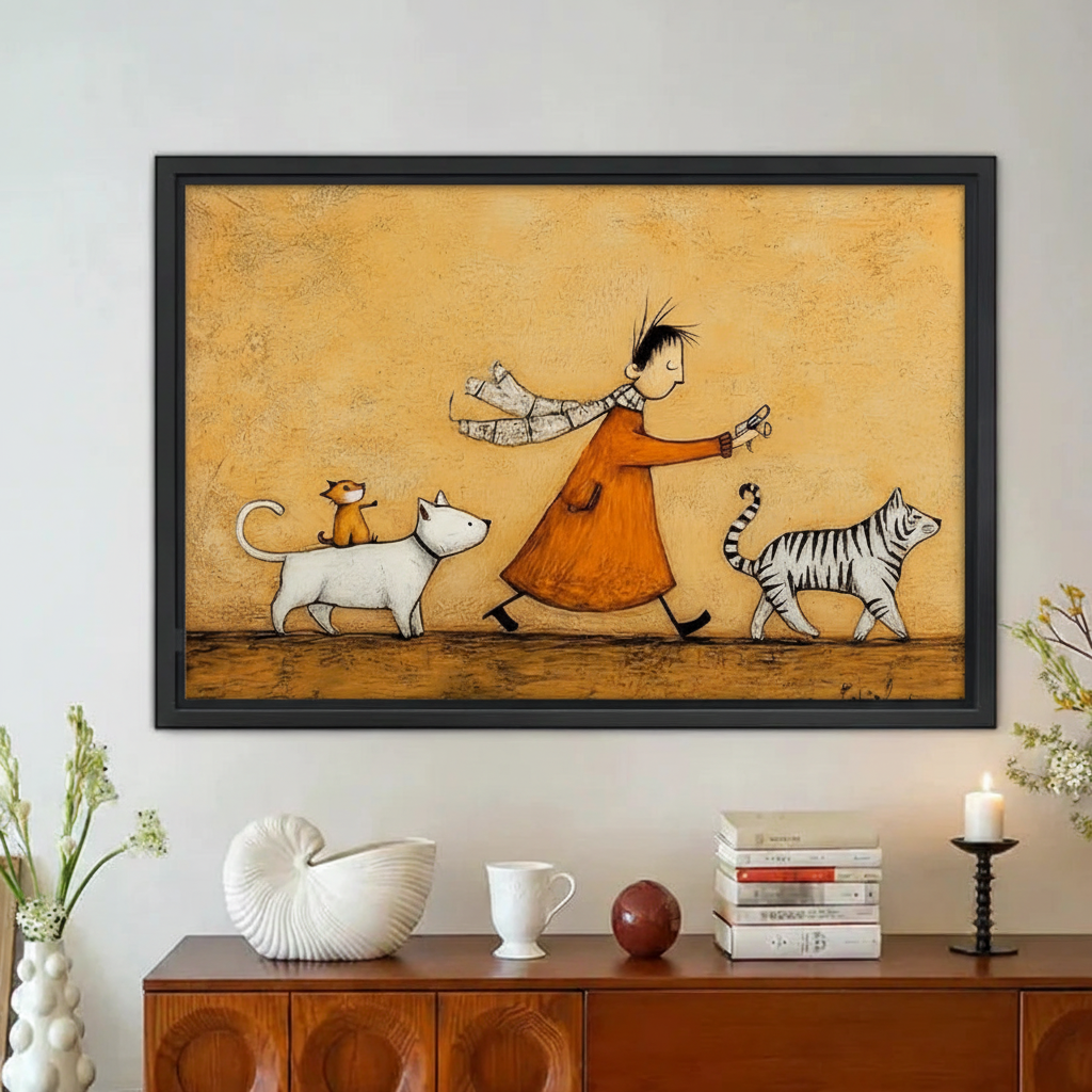 Whimsical Dog Cat Walk Framed Canvas Wall Art|Liberty Signs#L1900