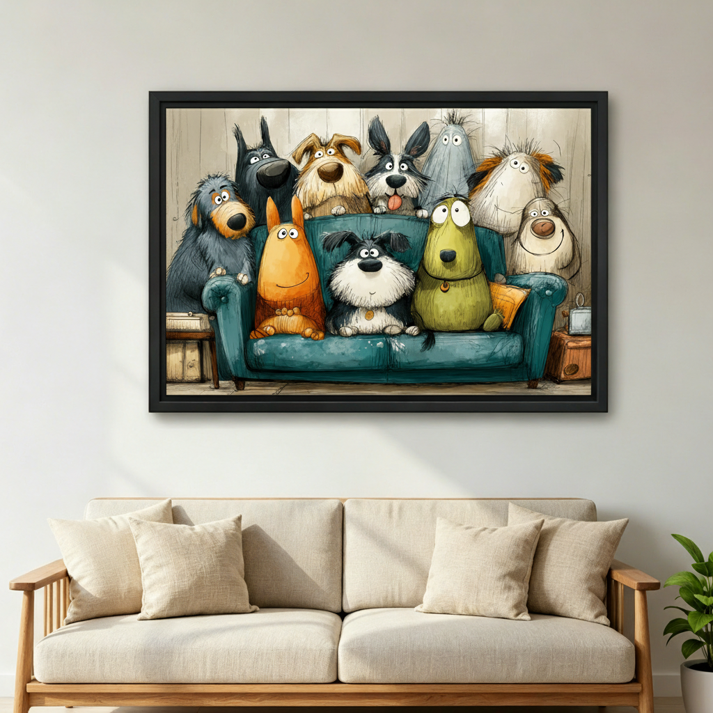 Whimsical cartoon dogs on sofa canvas wall art displayed in bright living room, funny dog lover framed print