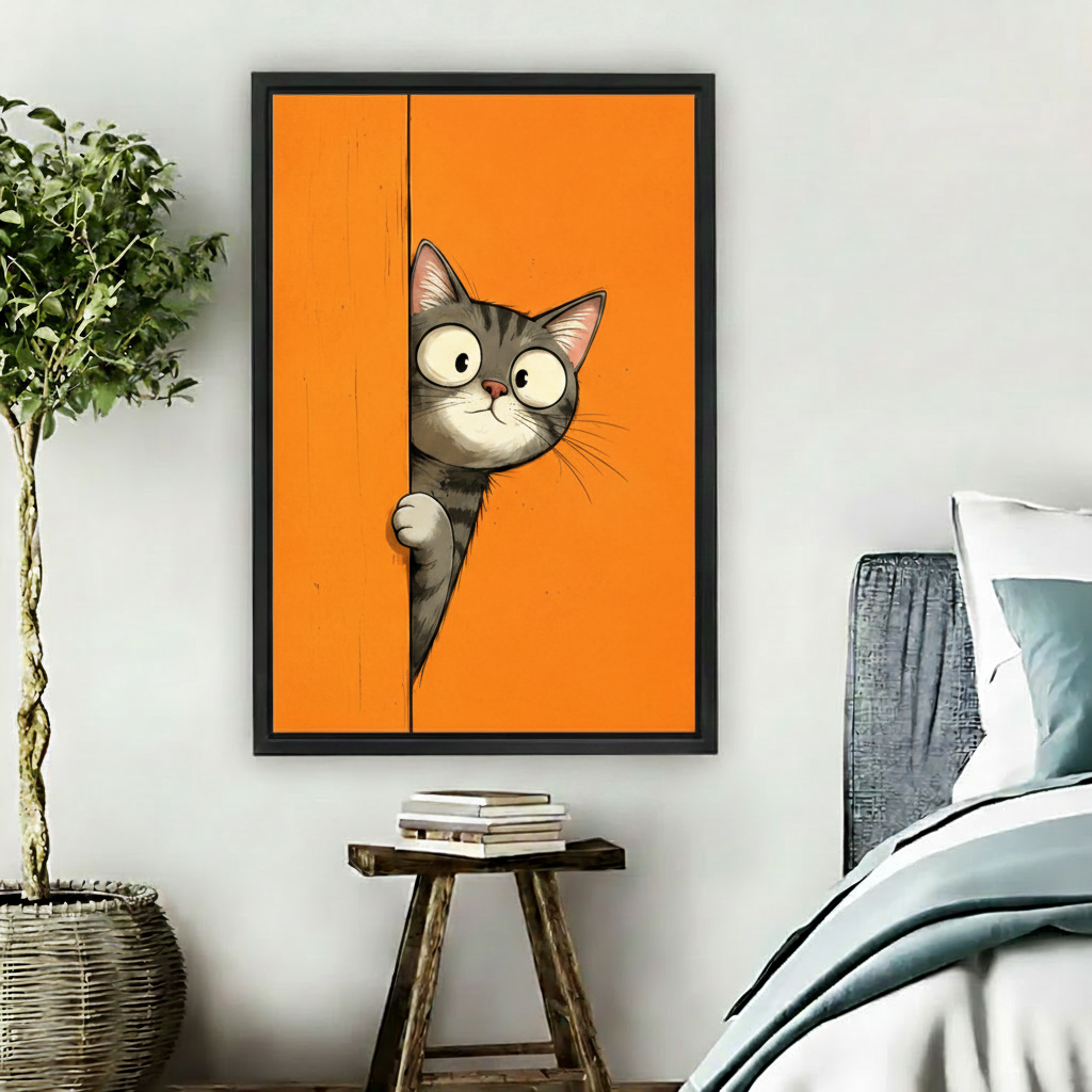 Peeking gray cat framed canvas wall art print on orange background in bedroom