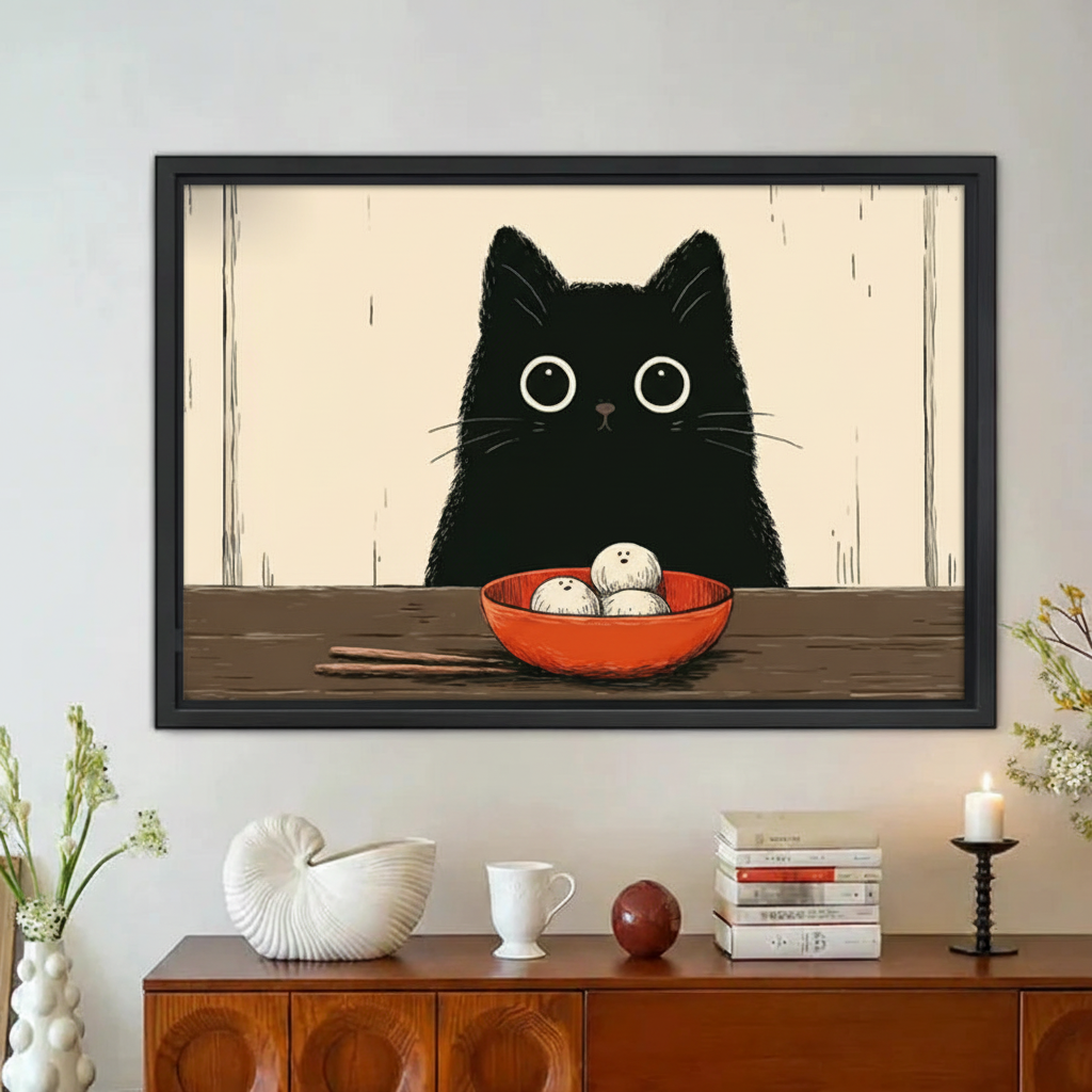 Black Cat Mochi Bowl Japanese Woodblock Canvas Wall Art|Liberty Signs#L1833