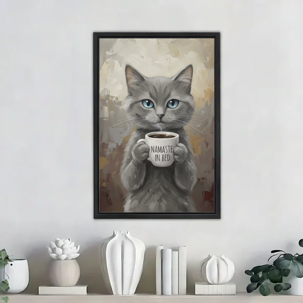 Namaste in Bed Cat Wall Art - Funny Coffee Lover Canvas Print| Liberty Signs #L272