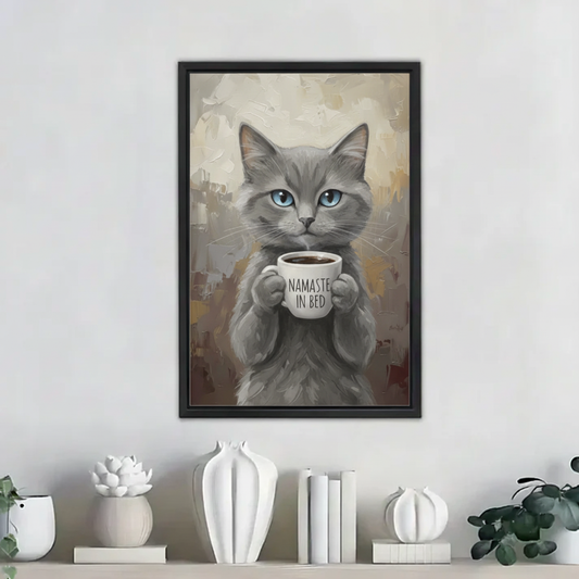 Namaste in Bed Cat Wall Art - Funny Coffee Lover Canvas Print| Liberty Signs #L272