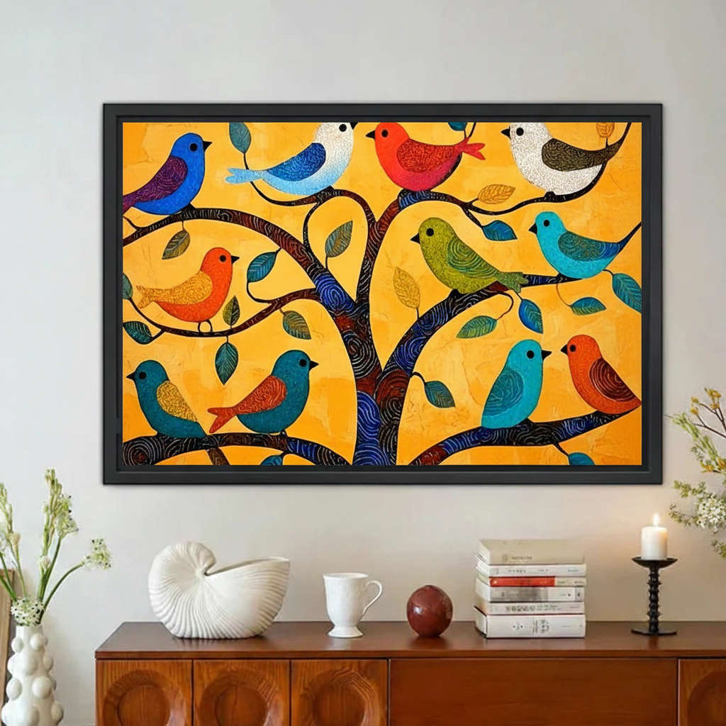Colorful Birds on Tree Branch Folk Art Framed Canvas Print|Liberty Signs#L1892