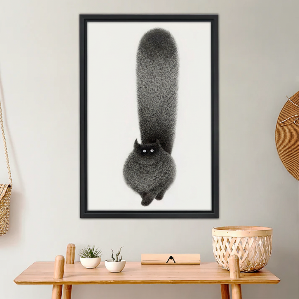 Fluffy Tail Black Cat Wall Art Print - Whimsical Minimalist Cat Poster|Liberty Signs #L668