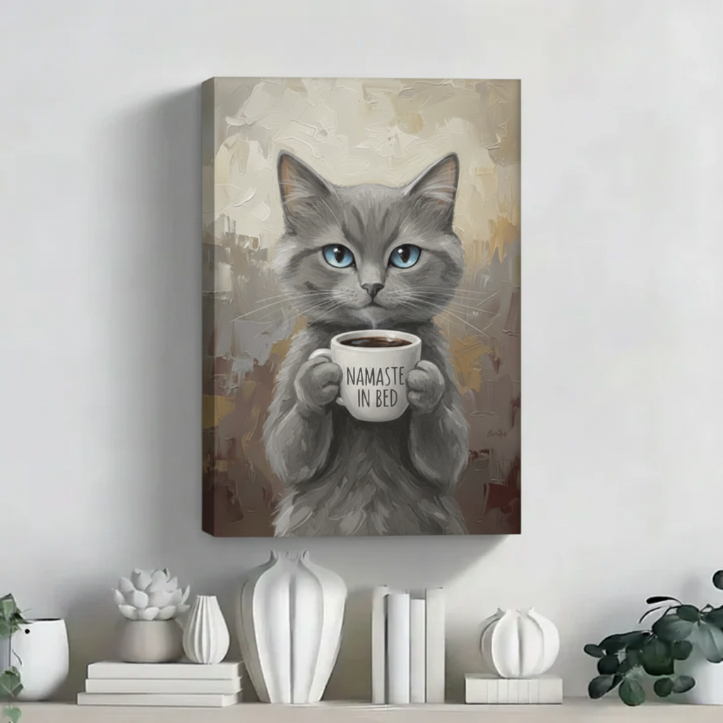 Namaste in Bed Cat Wall Art - Funny Coffee Lover Canvas Print| Liberty Signs #L272