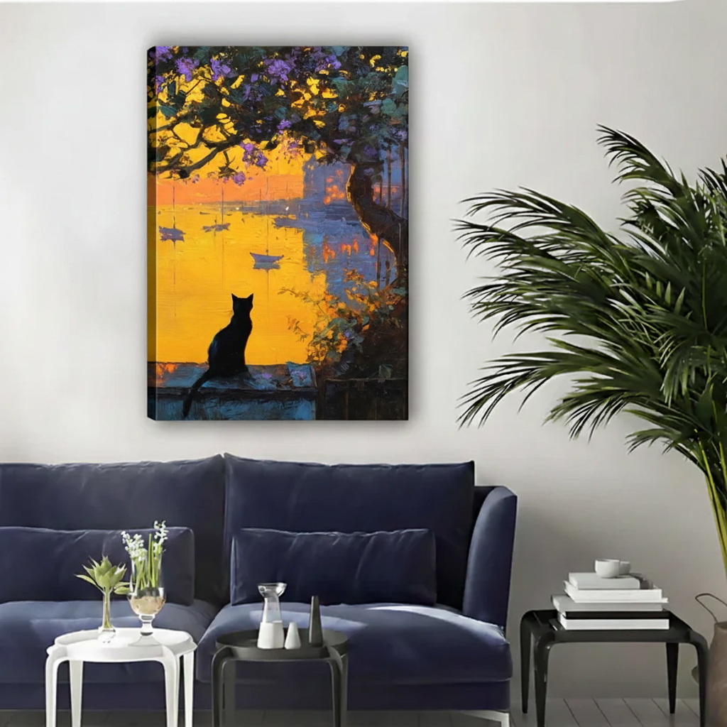 Black Cat Sunset Harbor Impressionist Framed Canvas Art|Liberty Signs#L1880