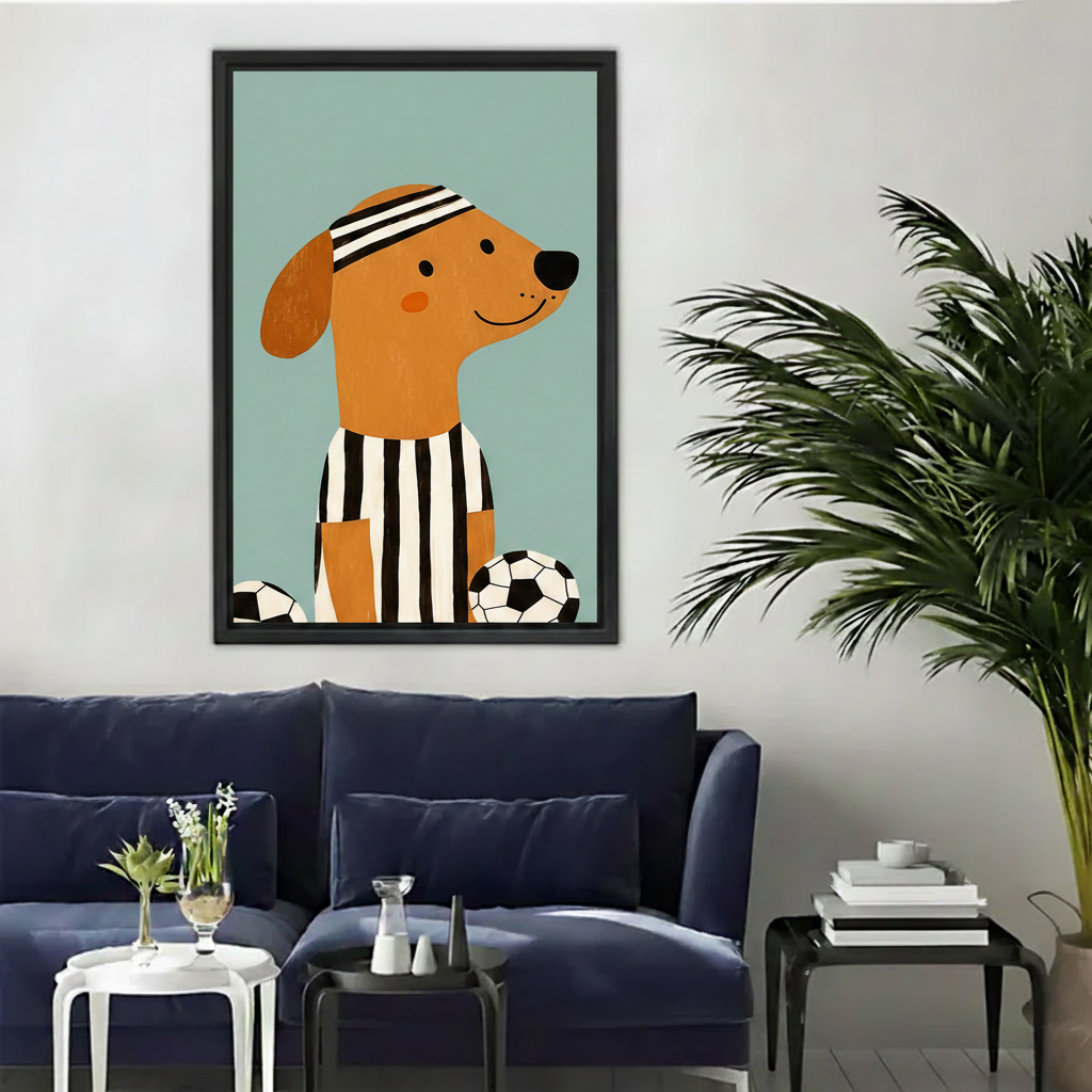 Cute soccer dog framed canvas wall art print in cozy living room above navy blue sofa