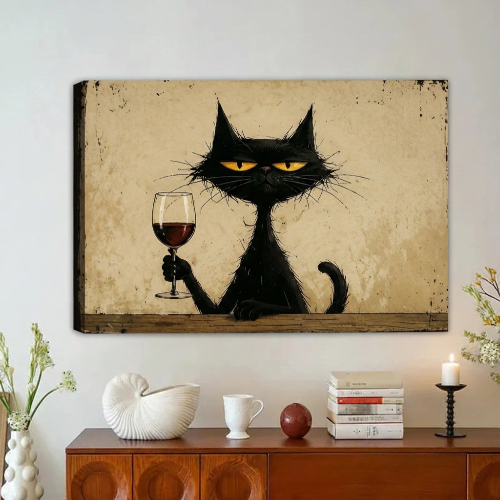 Grumpy Black Cat Wine Vintage Framed Canvas Wall Art|Liberty Signs#L1946
