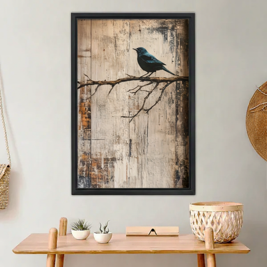 Framed art print featuring a blue bird perched on branch, rustic weathered wood style, boho living room wall decor