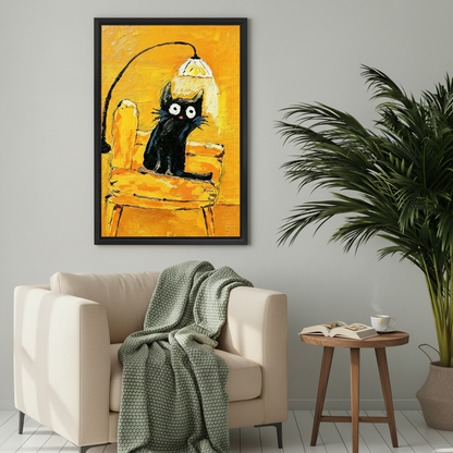 Black framed impasto black cat yellow chair canvas wall art above cream armchair with green throw and side table