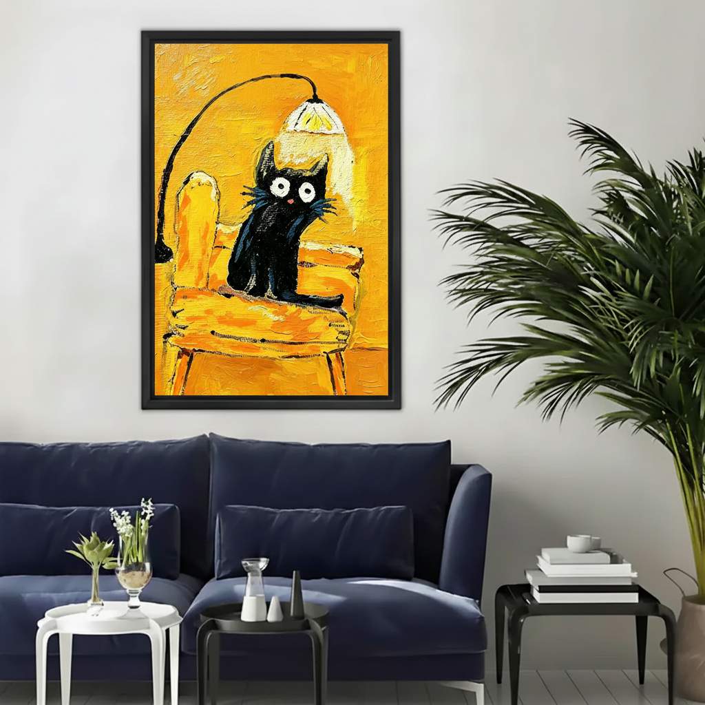 Impasto black cat yellow chair framed canvas wall art above navy blue sofa with palm plant modern living room