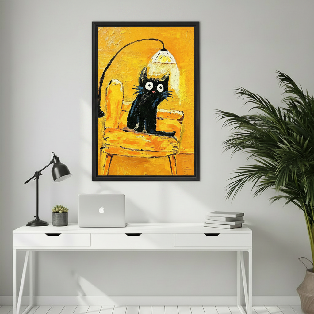 Impasto black cat yellow chair framed canvas print above white desk with laptop and task lamp home office