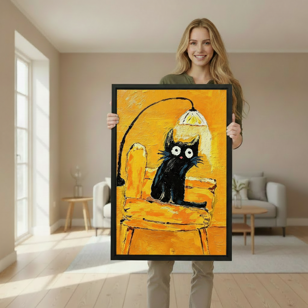 Smiling woman holding large black framed impasto black cat yellow chair canvas wall art in bright living room