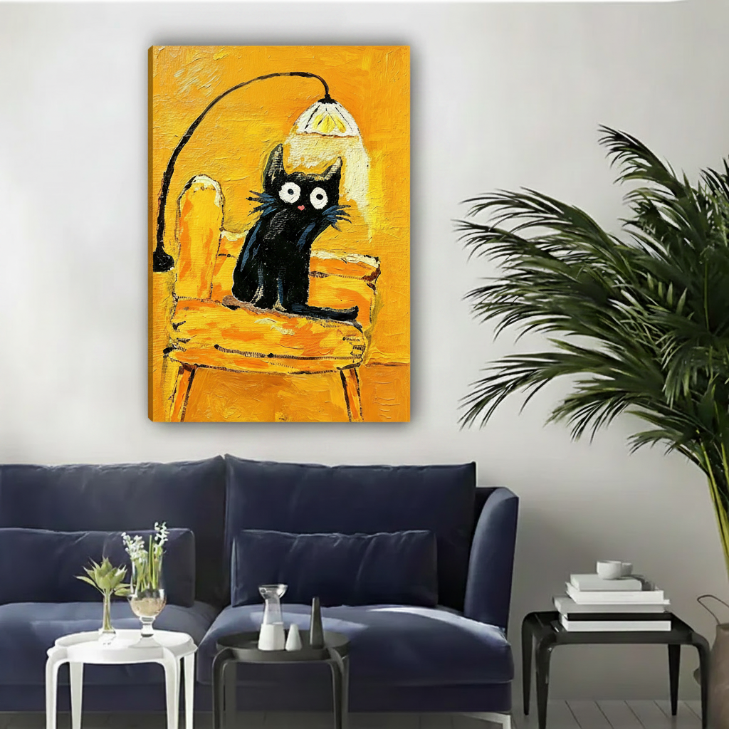 Impasto black cat yellow chair unframed gallery wrap canvas above navy sofa with white and black side tables