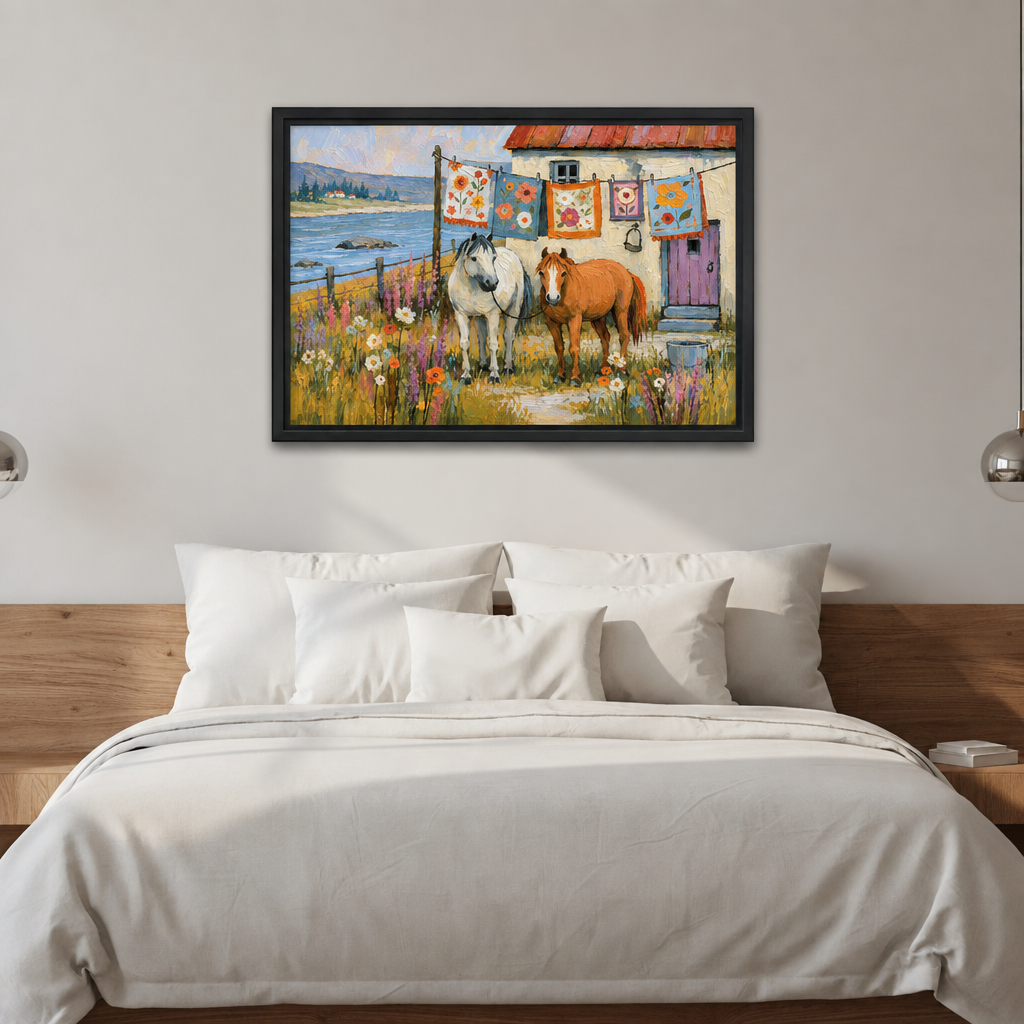 Impressionist coastal farmhouse horses canvas wall art above a white bed with pillows in a calm bedroom