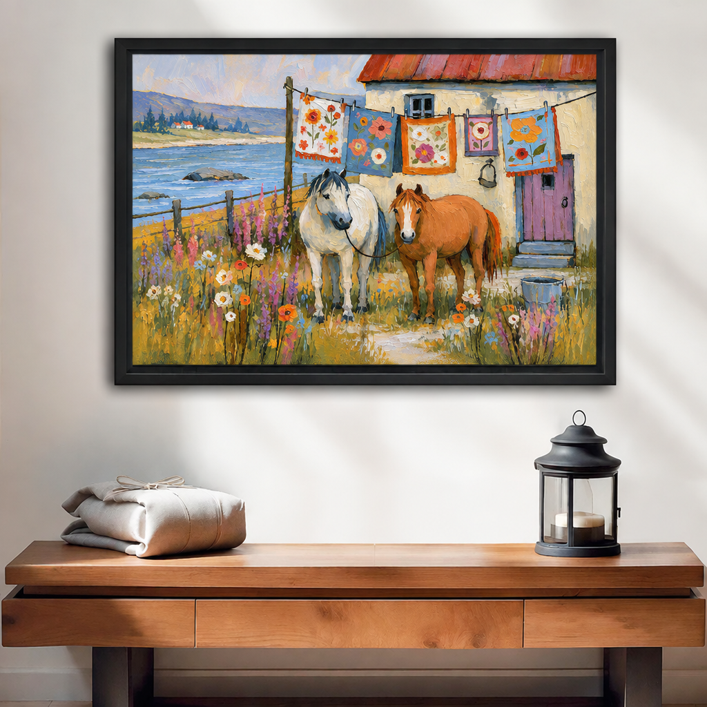 Impressionist coastal farmhouse horses canvas wall art in a black frame above a wooden console with a lantern