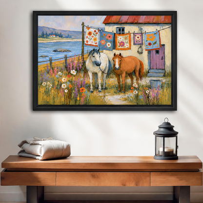 Impressionist coastal farmhouse horses canvas wall art in a black frame above a wooden console with a lantern