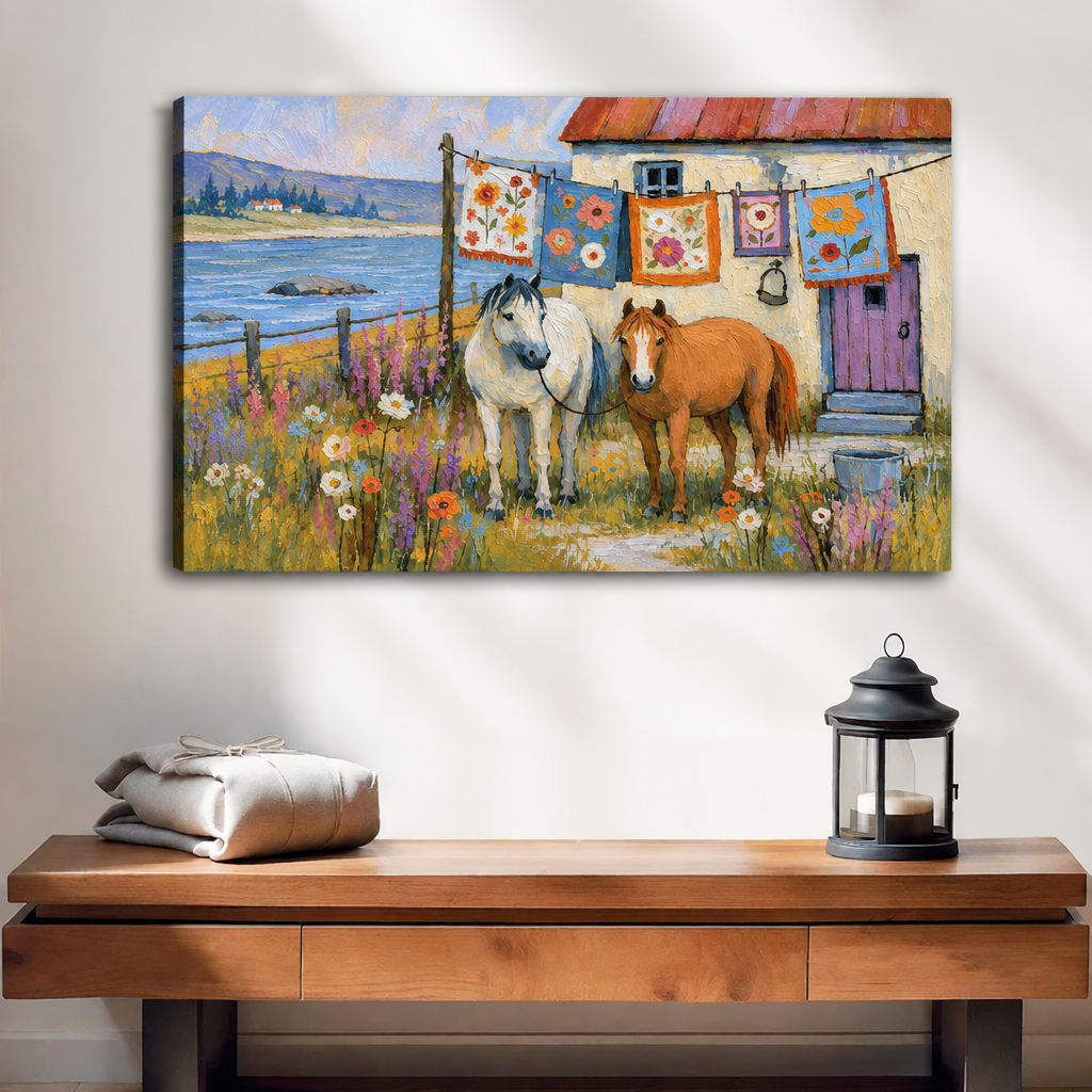 Gallery-wrap impressionist coastal farmhouse horses canvas wall art with wildflowers and quilts on a clothesline