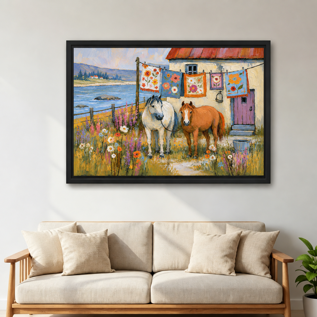Framed impressionist coastal farmhouse horses canvas wall art hanging above a cream sofa in a bright living room