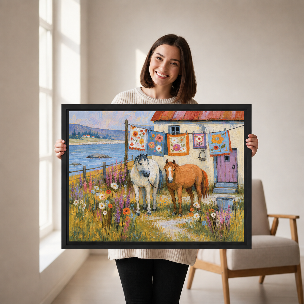 Smiling woman holding framed impressionist coastal farmhouse horses canvas wall art to show its size