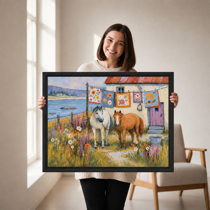 Smiling woman holding framed impressionist coastal farmhouse horses canvas wall art to show its size