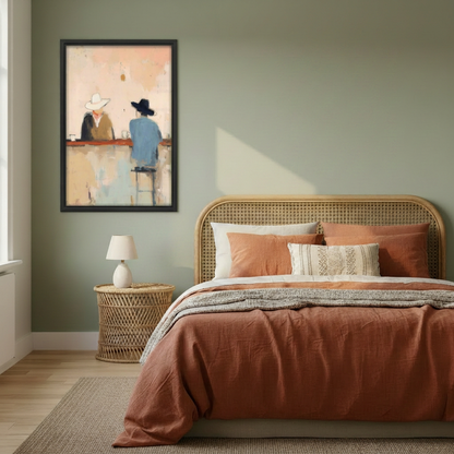 Impressionist cowboy bar canvas wall art in a black frame on a green bedroom wall beside a rattan bed.