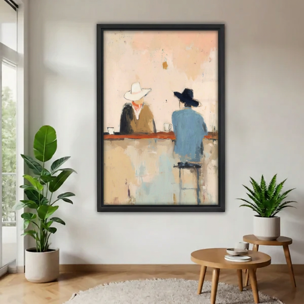 Black-framed impressionist cowboy bar canvas wall art displayed between potted plants beside wooden tables and a sunny window.