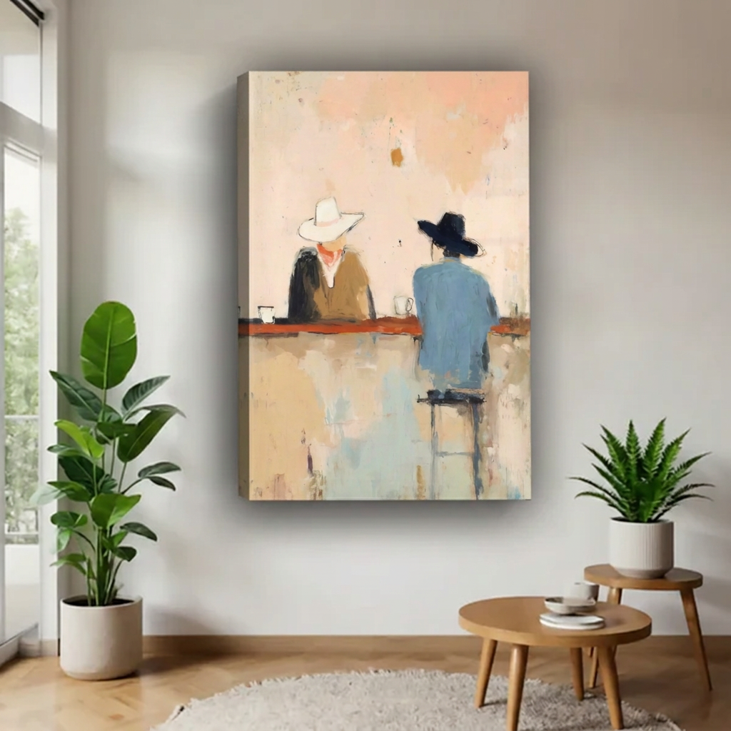 Gallery-wrap impressionist cowboy bar canvas wall art with visible wrapped edges displayed between plants above wooden tables.