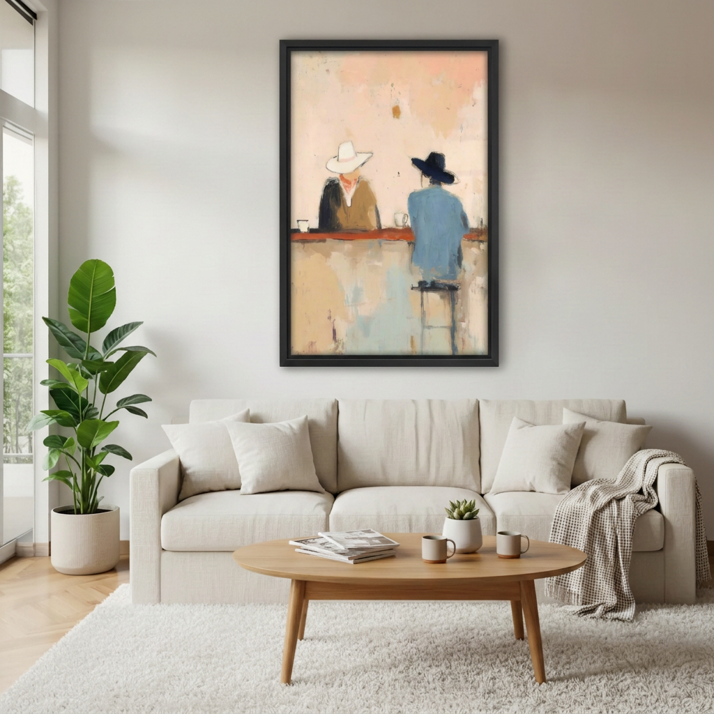 Impressionist cowboy bar canvas wall art in a black frame above a cream sofa in a bright living room.