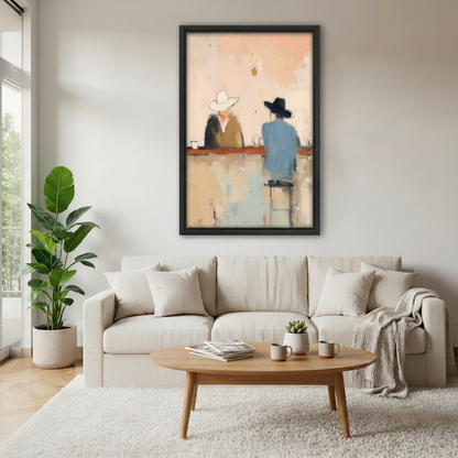 Impressionist cowboy bar canvas wall art in a black frame above a cream sofa in a bright living room.
