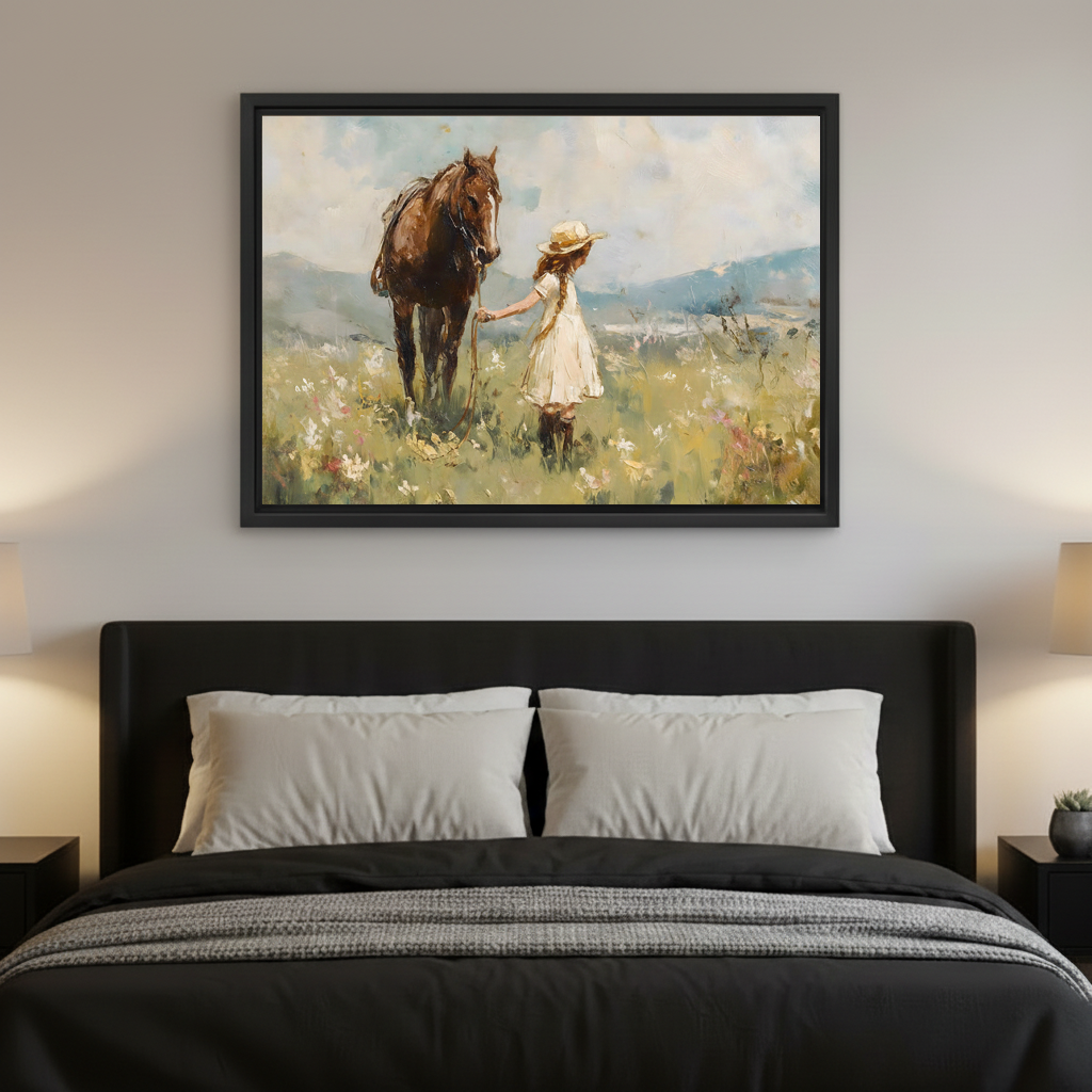  Impressionist girl and horse canvas wall art above a modern black bedroom for a peaceful accent.