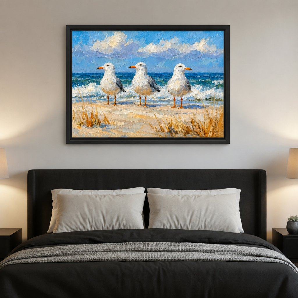 Impressionist seagull beach canvas wall art hangs above a dark bed in a softly lit bedroom.