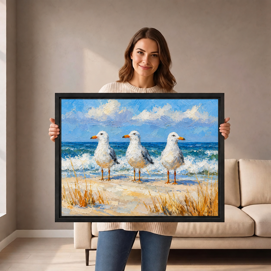 A woman holds framed impressionist seagull beach canvas wall art with three seabirds on a bright shore.