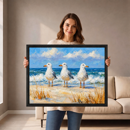 A woman holds framed impressionist seagull beach canvas wall art with three seabirds on a bright shore.