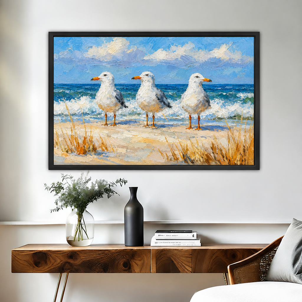 Impressionist seagull beach canvas wall art in a black frame hangs above a console table and decor.