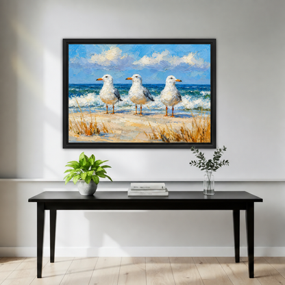 Framed impressionist seagull beach canvas wall art decorates a wall above a dark console table.