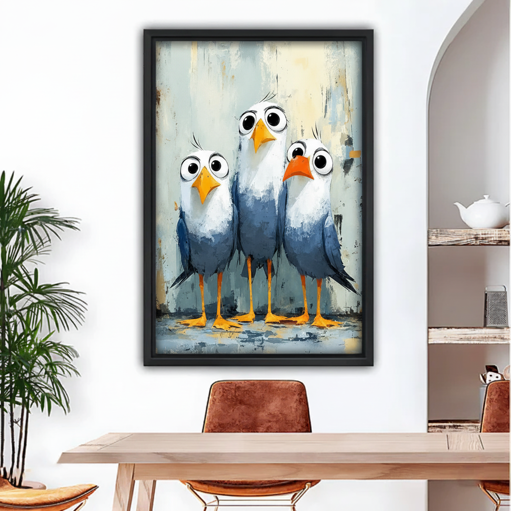 Framed impressionist three seagulls canvas wall art displayed above a dining table beside a white shelf