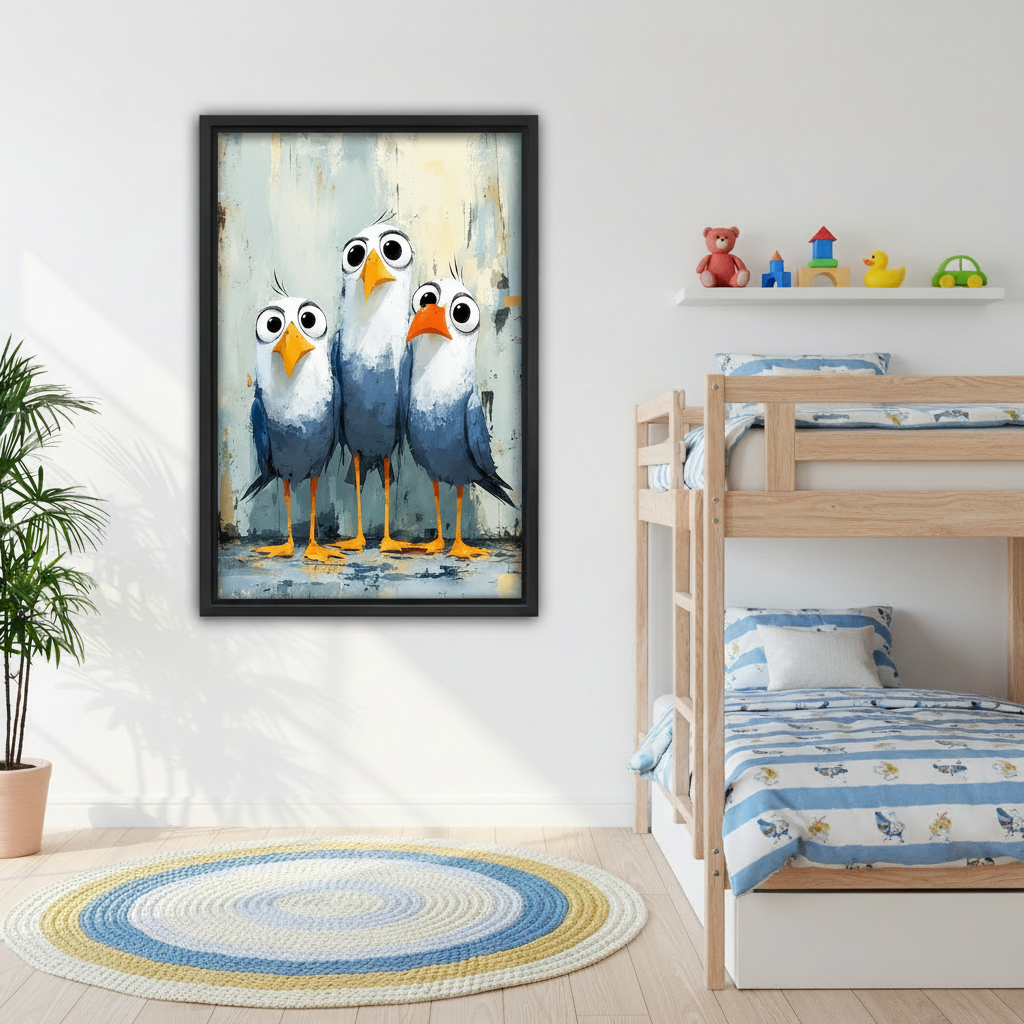 Impressionist three seagulls canvas wall art bringing playful coastal character to a bright children's bedroom