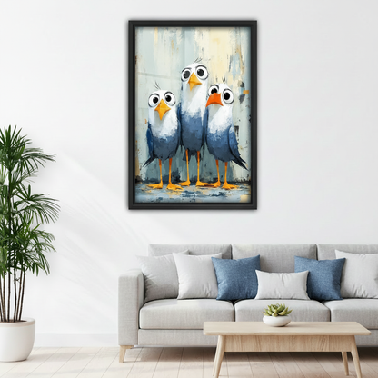  Impressionist three seagulls canvas wall art displayed above a sofa in a bright living room