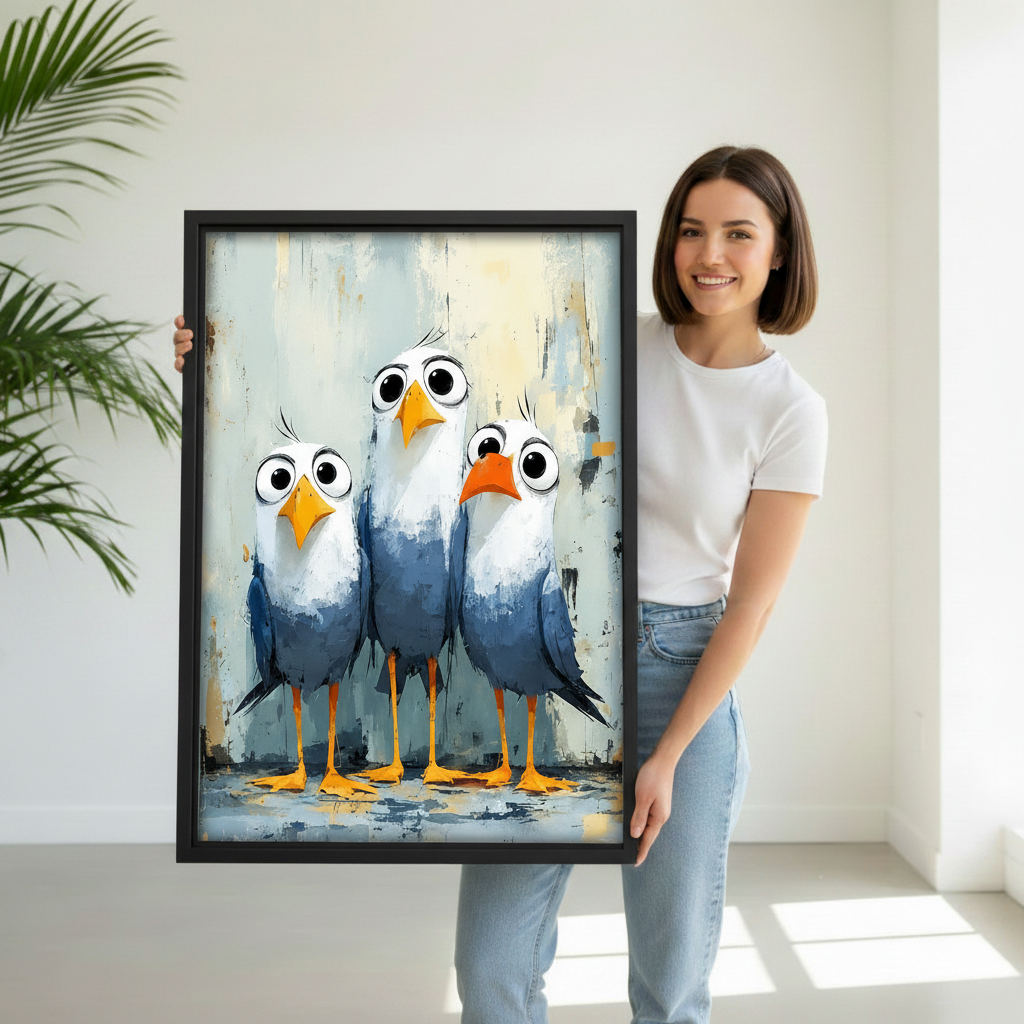 Woman holding impressionist three seagulls canvas wall art to show the framed artwork scale