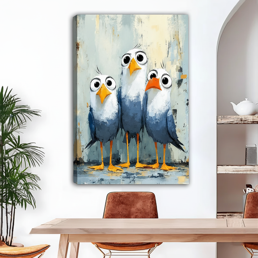 Gallery-wrap impressionist three seagulls canvas wall art displayed above a dining table with a modern interior