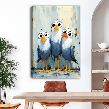 Gallery-wrap impressionist three seagulls canvas wall art displayed above a dining table with a modern interior