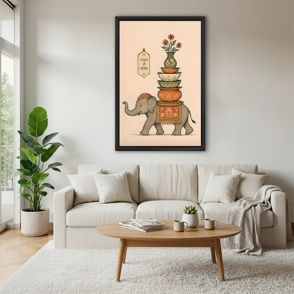 Framed Indian folk elephant poster art with Sanskrit text above white sofa in cozy living room